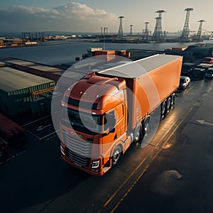 Cargo excellence Aerial shot shows semi truck, container, reflecting efficient logistics