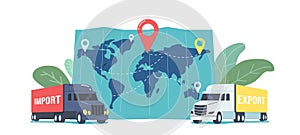 Cargo Export and Import, Logistics Business. Freight Trucks Stand at Huge Map with Destination Point, Delivering Service