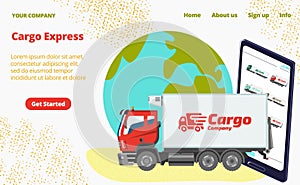 Cargo express concept landing page, lorry vehicle carry shipment, tablet gadget device cartoon vector illustration