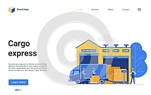 Cargo express, warehouse delivery logistic service landing page, workers loading boxes