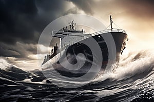 A cargo or fishing ship is caught in a severe storm. Ship at sea on big waves. The threat of shipwreck. Element in the ocean. The