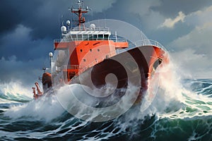 A cargo or fishing ship is caught in a severe storm. Ship at sea on big waves. The threat of shipwreck. Element in the ocean. The