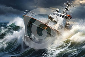 A cargo or fishing ship is caught in a severe storm. Ship at sea on big waves. The threat of shipwreck. Element in the ocean. The