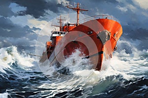 A cargo or fishing ship is caught in a severe storm. Ship at sea on big waves. The threat of shipwreck. Element in the ocean. The