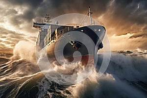 A cargo or fishing ship is caught in a severe storm. Ship at sea on big waves. The threat of shipwreck. Element in the ocean. The