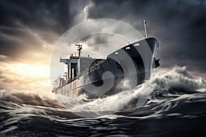 A cargo or fishing ship is caught in a severe storm. Ship at sea on big waves. The threat of shipwreck. Element in the ocean. The