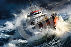 A cargo or fishing ship is caught in a severe storm. Ship at sea on big waves. The threat of shipwreck. Element in the ocean. The