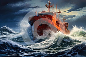 A cargo or fishing ship is caught in a severe storm. Ship at sea on big waves. The threat of shipwreck. Element in the ocean. The