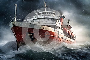 A cargo or fishing ship is caught in a severe storm. Ship at sea on big waves. The threat of shipwreck. Element in the ocean. The