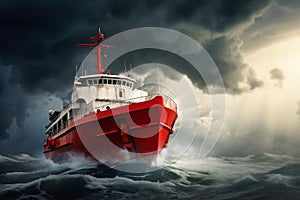 A cargo or fishing ship is caught in a severe storm. Ship at sea on big waves. The threat of shipwreck. Element in the ocean. The