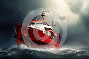 A cargo or fishing ship is caught in a severe storm. Ship at sea on big waves. The threat of shipwreck. Element in the ocean. The