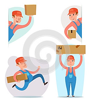 Cargo Freight Box Loading Delivery Shipment Loader Deliveryman Character Icon Cartoon Design Template Vector