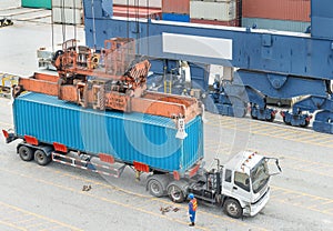 Cargo freight ship working crane loading bridge in shipyard