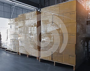 Cargo freight, Shipment, Delivery warehousing service, transportation. stack of cardboard boxes on pallet in the warehouse.