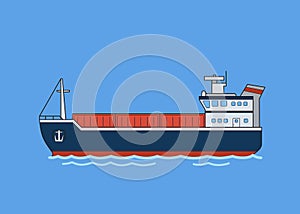 Cargo freighter boat. Flat vector illustration. Isolated on blue background.