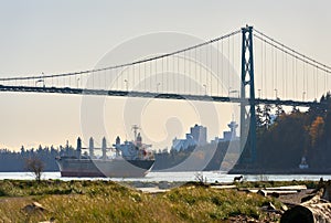 Cargo Freighter Under Lions Gate Bridge