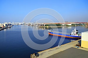 A Cargo Hold Japan Coastal Ship is moored at  Industrial port  on Osaka Bay,Japan