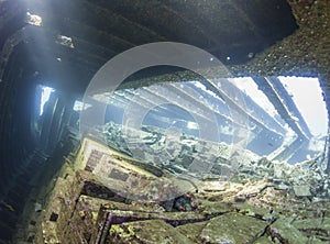 Cargo hold in an underwater shipwreck