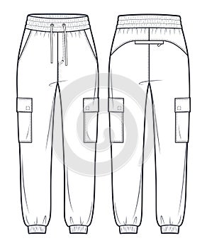 Cargo Joggers Pants fashion flat technical drawing template.