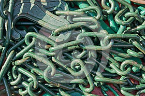 Cargo lashing chains on deck of merchant cargo ship
