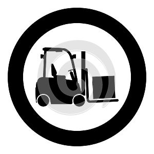 Cargo loading machine forklift truck for lifting box goods in warehouse fork lift loader freight icon in circle round black color