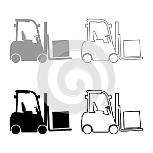 Cargo loading machine forklift truck for lifting box goods in warehouse fork lift loader freight set icon grey black color vector