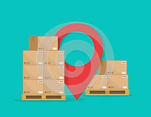 Cargo logistic. Carton boxes on pallet for delivery with map pointer. Goods stack on warehouse for storage and shipping of courier photo