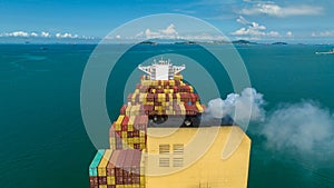 cargo logistic container ship sailing in green sea to import export goods and distributing products to dealer and consumers across