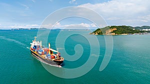 cargo logistics container ship sailing in green sea to import export goods and distributing products to dealer and consumers