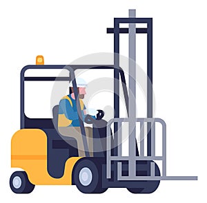 Cargo logistics. Freight lifting. Warehouse forklift. Boxes loading car. Workman driving vehicle. Driver at loader