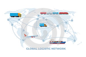 Cargo logistics transportation concept. Global logistic network. Cargo plane, ship, train, truck transport on a background of the