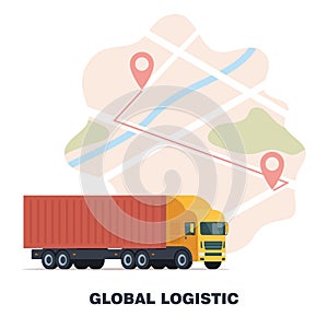 Cargo logistics transportation concept. Global logistic network. Cargo truck transport on a background of the map with red pins.