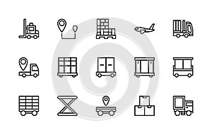 Cargo logistics vector linear icons set. Collection contains such icons as forklift, logistics center, boxes, air transportation