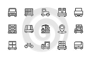 Cargo logistics vector linear icons set. Collection contains such icons as truck, tractor, delivery, railway carriage and more