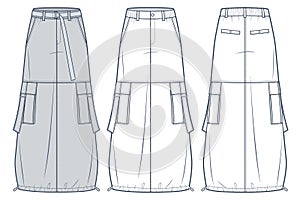 Cargo Long Skirt technical fashion illustration. A-Line Skirt fashion flat technical drawing template, pockets, drawstring hem