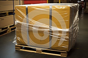 Cargo pallet wrapped in stretch wrap for shipping. Generative AI