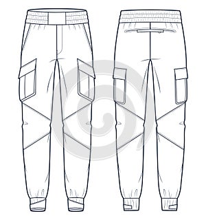 Cargo Pants fashion flat technical drawing template. Jogger Pants technical fashion Illustration, side pockets