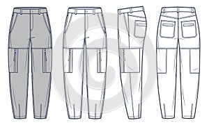 Cargo Pants technical fashion Illustration, grey design. Jeans Pants fashion flat technical drawing template, gusset pockets,
