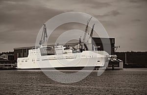 Cargo and passenger ferry in the harbor