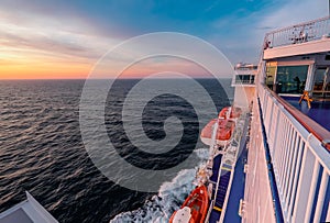 Cargo passenger ferry at sunset