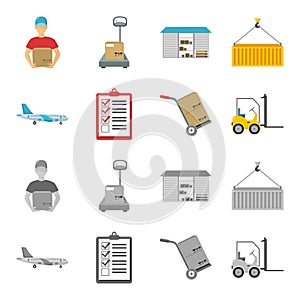 Cargo plane, cart for transportation, boxes, forklift, documents.Logistic,set collection icons in cartoon,monochrome