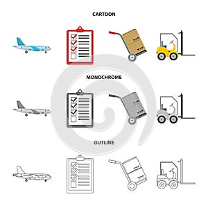 Cargo plane, cart for transportation, boxes, forklift, documents.Logistic,set collection icons in cartoon,outline