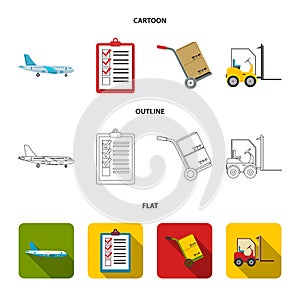 Cargo plane, cart for transportation, boxes, forklift, documents.Logistic,set collection icons in cartoon,outline,flat