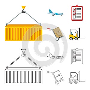 Cargo plane, cart for transportation, boxes, forklift, documents.Logistic,set collection icons in cartoon,outline style