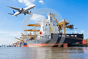 Cargo plane flying above ship port for logistic import export