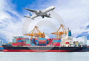 Cargo plane flying above ship port for logistic import export photo