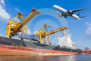 Cargo plane flying above ship port with working crane loading