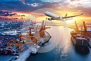 Airplane flying over container ship and cranes in harbor at sunset
