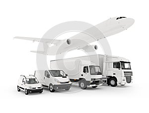 Cargo plane, truck, lorry and a delivery cars