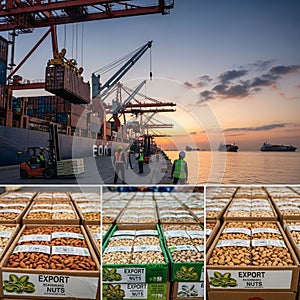 Cargo port at sunset, with cranes loading containers onto a ship